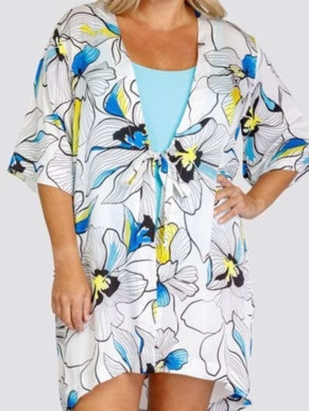 NWT Tail White Floral Cabana Kimono Coverup with Blue and Yellow Accents, S